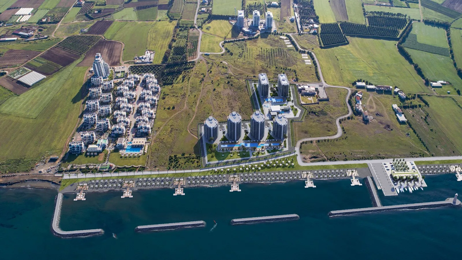 Gaziveren sahili, marina ve tarım arazileri — developer tanıtım görseli (temsilî)
